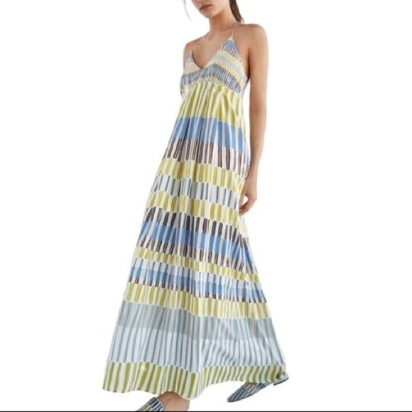 MASSIMO DUTTI Silk Sleeveless Printed Maxi Dress Blue Yellow Grey 4 - Picture 1 of 9